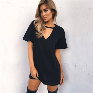 Women Tshirt Dress Choker V-neck Summer Dresses Short Sleeve Casual Sexy Halter Loose Boho Beach Dress Vestidos Plus Size