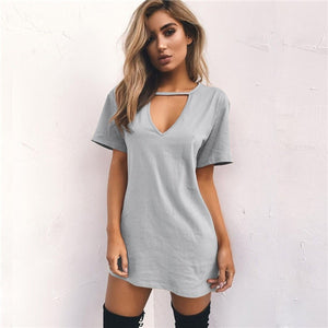 Women Tshirt Dress Choker V-neck Summer Dresses Short Sleeve Casual Sexy Halter Loose Boho Beach Dress Vestidos Plus Size