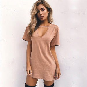 Women Tshirt Dress Choker V-neck Summer Dresses Short Sleeve Casual Sexy Halter Loose Boho Beach Dress Vestidos Plus Size