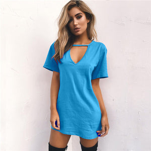 Women Tshirt Dress Choker V-neck Summer Dresses Short Sleeve Casual Sexy Halter Loose Boho Beach Dress Vestidos Plus Size