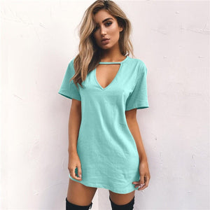 Women Tshirt Dress Choker V-neck Summer Dresses Short Sleeve Casual Sexy Halter Loose Boho Beach Dress Vestidos Plus Size