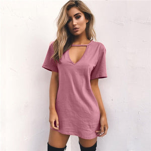 Women Tshirt Dress Choker V-neck Summer Dresses Short Sleeve Casual Sexy Halter Loose Boho Beach Dress Vestidos Plus Size