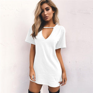 Women Tshirt Dress Choker V-neck Summer Dresses Short Sleeve Casual Sexy Halter Loose Boho Beach Dress Vestidos Plus Size