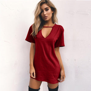 Women Tshirt Dress Choker V-neck Summer Dresses Short Sleeve Casual Sexy Halter Loose Boho Beach Dress Vestidos Plus Size