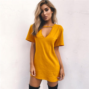 Women Tshirt Dress Choker V-neck Summer Dresses Short Sleeve Casual Sexy Halter Loose Boho Beach Dress Vestidos Plus Size