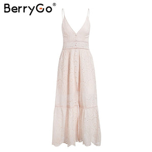 BerryGo White pearls sexy women summer dress 2019 Hollow out embroidery maxi cotton dresses Evening party long ladies vestidos