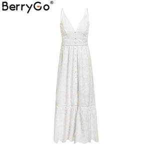 BerryGo White pearls sexy women summer dress 2019 Hollow out embroidery maxi cotton dresses Evening party long ladies vestidos